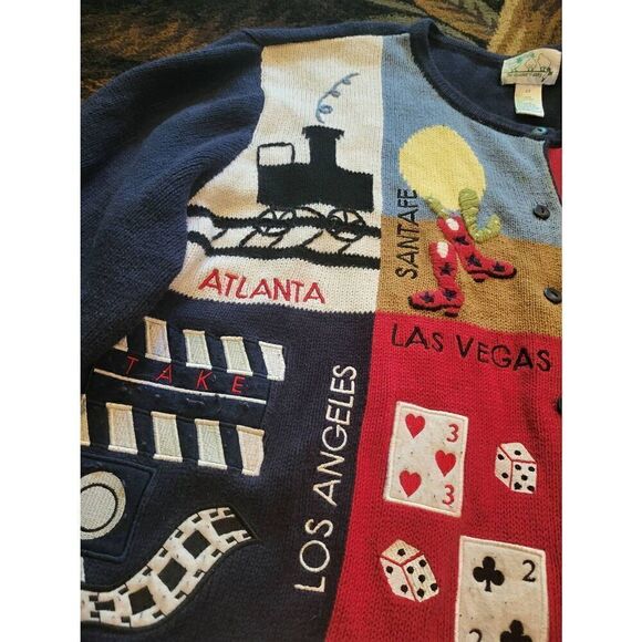 Quacker Factory Sweater Women's 2X Blue Embroidered Patriotic American Cities - Picture 6 of 6